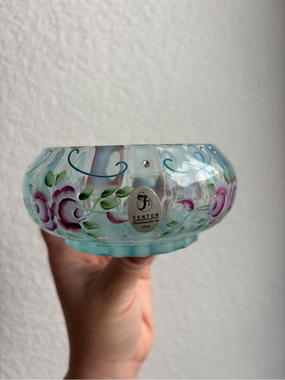 Fenton Aqua Glass Bowl Pink Rose Trinket Dish Vintage Floral Artist Signed
